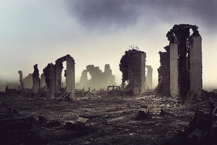 Ruins of a city totally destroyed during the Third Nuclear World War foggy sky background