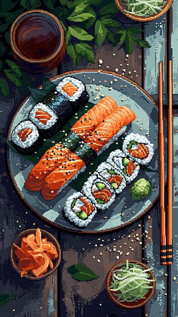 Rullini di sushi su sfondo di legno Top view Illustrazione vettoriale pixel art asset del gioco