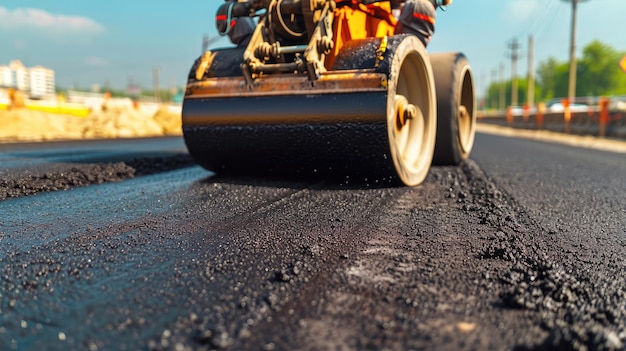 Rullo che rotola asfalto fresco e caldo sulla nuova strada Costruzione di strade