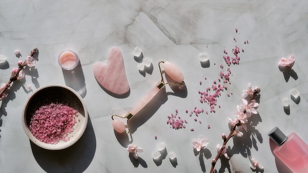 Rullo facciale in cristallo di quarzo rosa e pietra Gua sha per la massoterapia facciale di bellezza