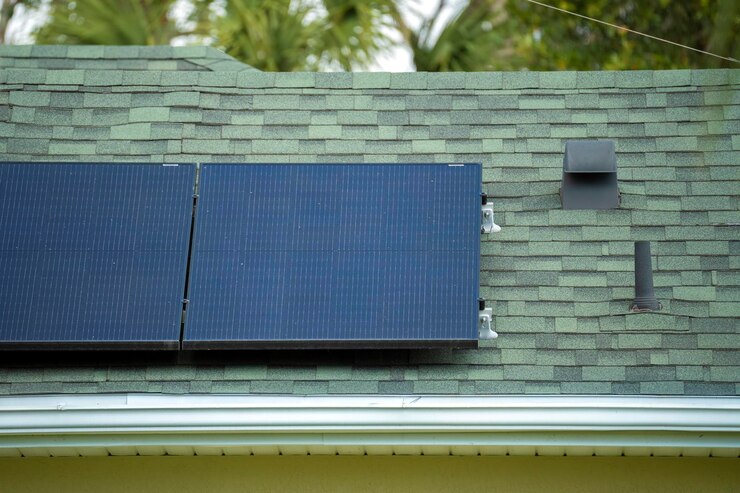 Photo rumah hunian dengan atap yang ditutupi panel fotovoltaik surya untuk menghasilkan energi listrik ekologis bersih di daerah pedesaan pinggiran kota. konsep rumah otonom