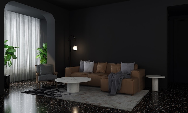 Photo rumah modern dan dekorasi mock up furnitur dan desain interior ruang tamu yang nyaman dan latar belakang tekstur dinding hitam kosong rendering 3d