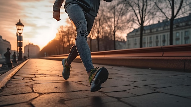 Runner donna piedi che corrono su strada primo piano su scarpa Creato con la tecnologia Generative AI