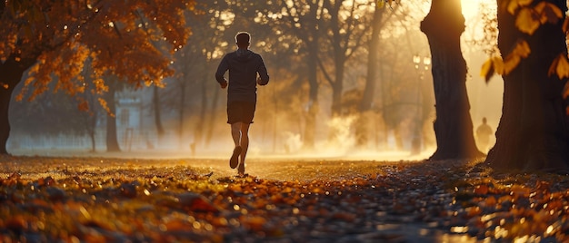 Runnin39 uomo in un parco all'alba concetto di stile di vita sano