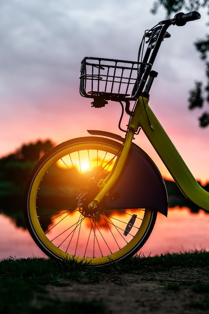 Ruota anteriore di una bici gialla sul lago. Cielo rosa al tramonto