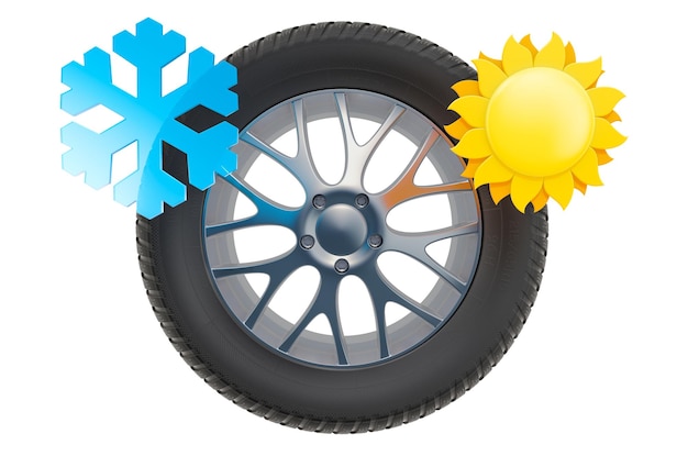Ruota auto con sole e fiocco di neve Concetto di pneumatici invernali ed estivi 3D rendering