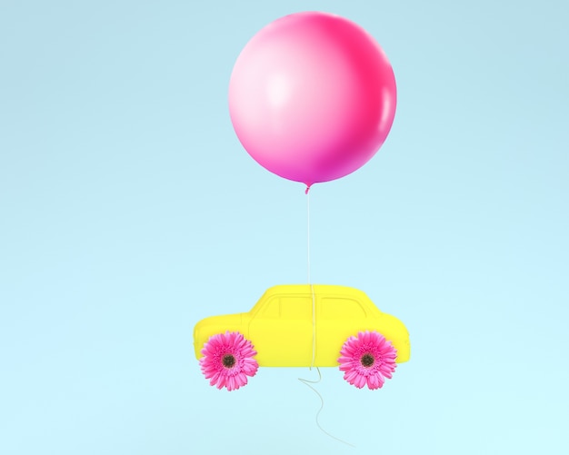 Ruota della disposizione del fiore e giallo dell&#39;automobile con il pallone rosa che galleggia sul fondo blu. minimo