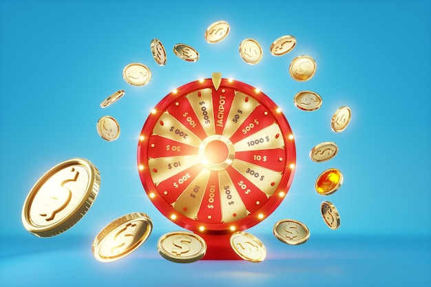 Ruota della fortuna e monete d'oro ruotano su uno sfondo blu Concetto del casinò vincitore premio gioco di fortuna gioco d'azzardo Modello di progettazione illustrazione 3D Render spazio di copia