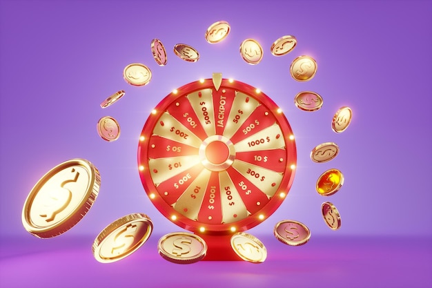 Ruota della fortuna e monete d'oro ruotano su uno sfondo blu Concetto del casinò vincitore premio gioco di fortuna gioco d'azzardo Modello di progettazione illustrazione 3D Render spazio di copia