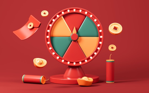 Ruota della fortuna girante con buste rosse monete d'oro lingotti d'oro e così via sfondo in stile cinese rendering 3D