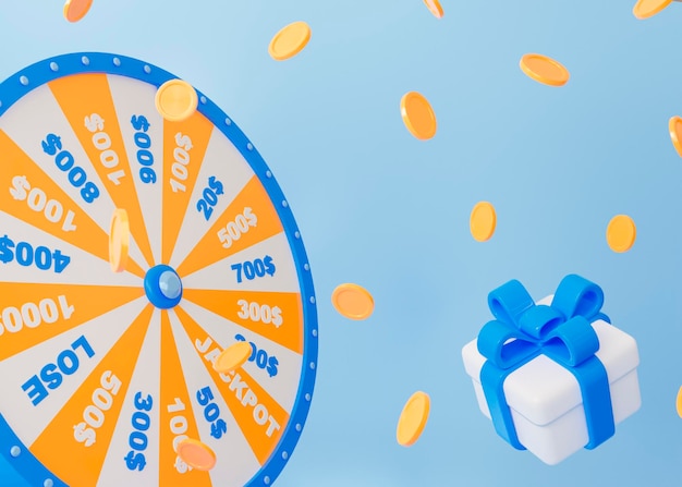 Ruota della fortuna rossa 3D che gira con monete regalo volanti e sfocatura su sfondo chiaro Casinò online