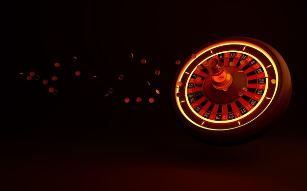 Ruota della roulette 3d realistica con luci al neon arancioni e monete d'oro volanti su sfondo di cioccolato