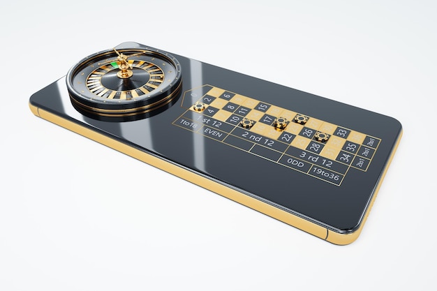 Ruota della roulette americana sullo schermo dello smartphone, casinò online. Il concetto di applicazioni di gioco, giochi su Internet, intrattenimento online. Illustrazione 3D, rendering 3D. Copia spazio.