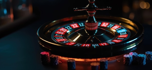 Ruota della roulette con sfondo blu e luci casinò foto IA generativa