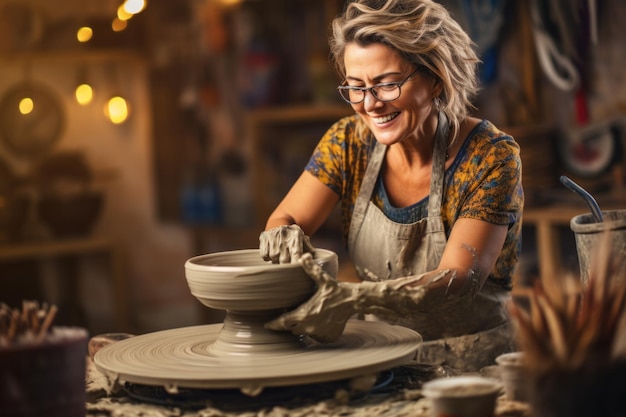 ruota di ceramica della donna che modella argilla bagnata