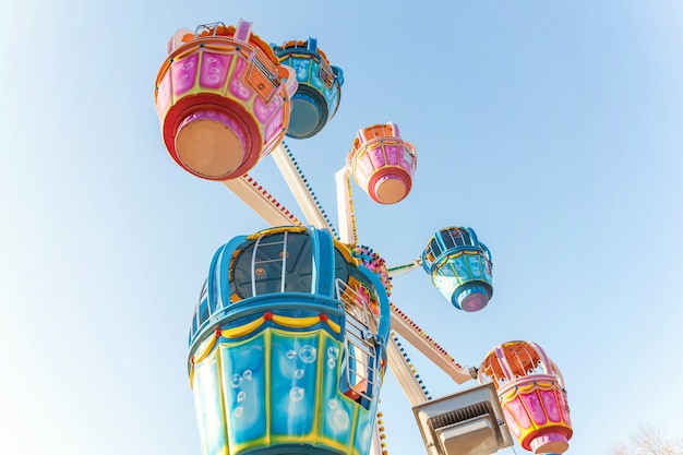 Ruota panoramica variopinta con le cabine d'oscillazione su cielo blu nel parco di festa di divertimento