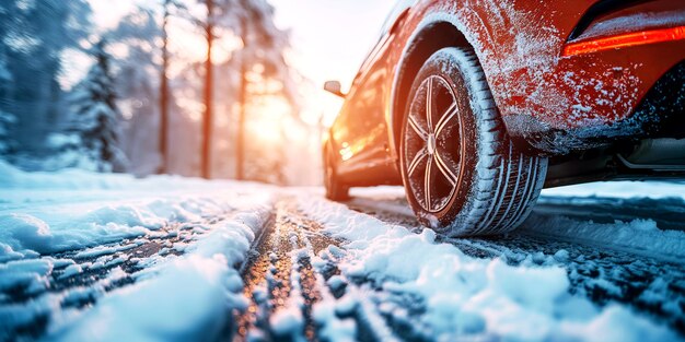 ruota posteriore di una macchina su una strada innevata in inverno vicino a cavalcate di auto rosse su un'autostrada in natura con la neve