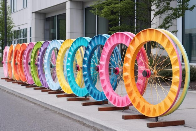ruote di bicicletta colorate allineate su un rack creato con AI generativa