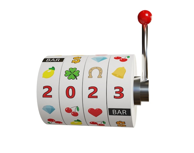 Ruote di una slot machine con il numero 2023 isolato su sfondo bianco Illustrazione 3d del concetto di nuovo anno