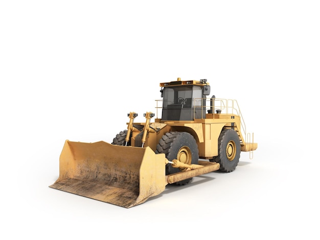 ruote gialle Bulldozer rendering 3d su bianco