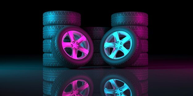 Ruote nere su sfondo nero con illuminazione al neon nell'illustrazione 3d