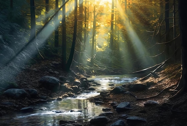 ruscelli leggeri alla luce del sole che brillano nel bosco nello stile dei paesaggi italiani