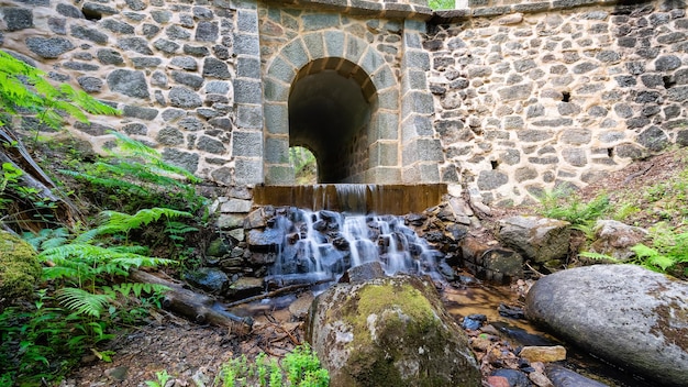 Ruscello che scende dalla montagna e attraversa un tunnel costruito in un muro di pietra Guadarrama Madrid