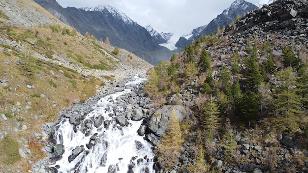 Ruscello che scorre di montagna e cascata nella foresta Vista panoramica del paesaggio pittoresco dei droni aerei delle montagne dell'Altai Russia