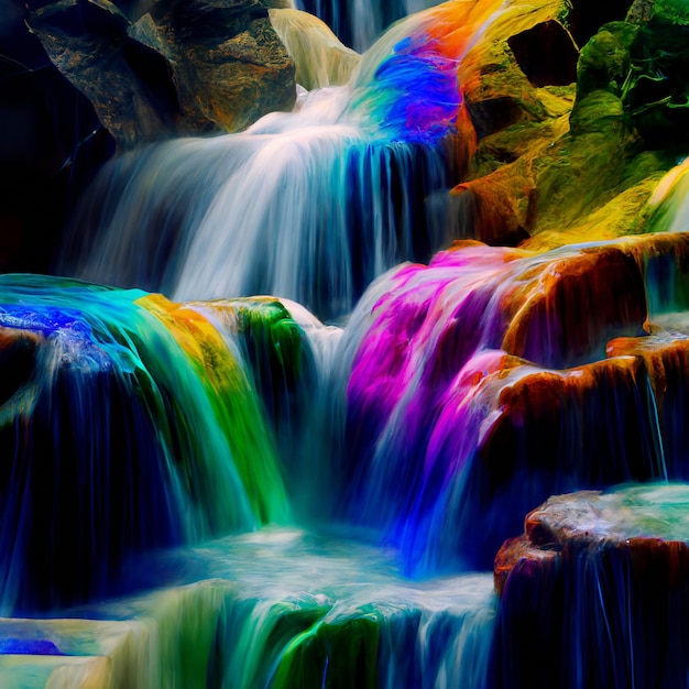 Ruscello di montagna con acqua scintillante di colori arcobaleno