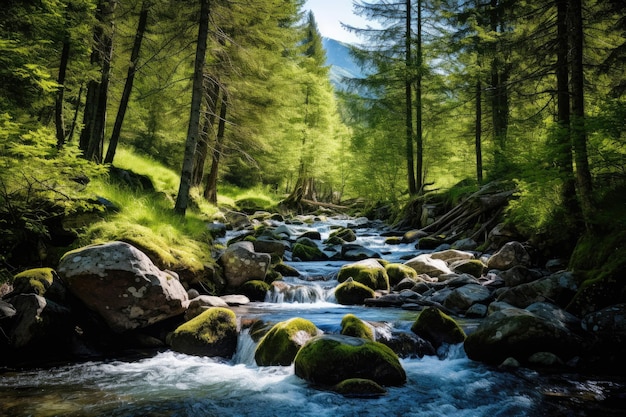 Ruscello di montagna con acqua veloce in estate in Kazakistan