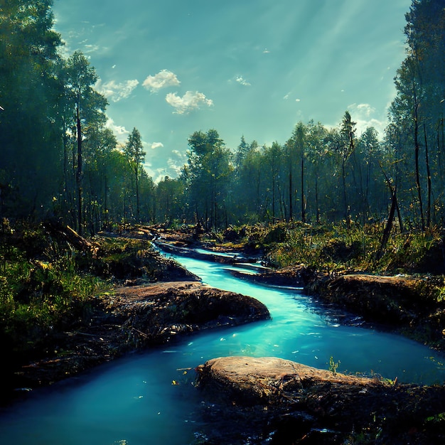 ruscello nel mezzo di una foresta, cielo blu, illuminazione cinematografica