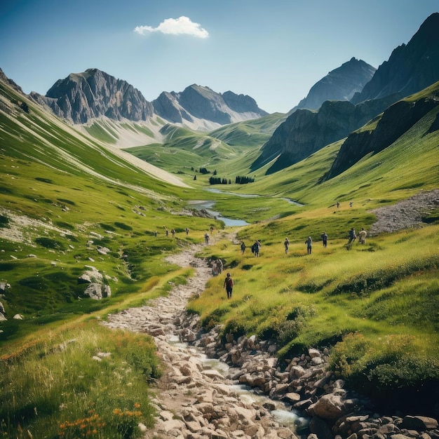 Ruscello pittoresco e campi in montagna con persone