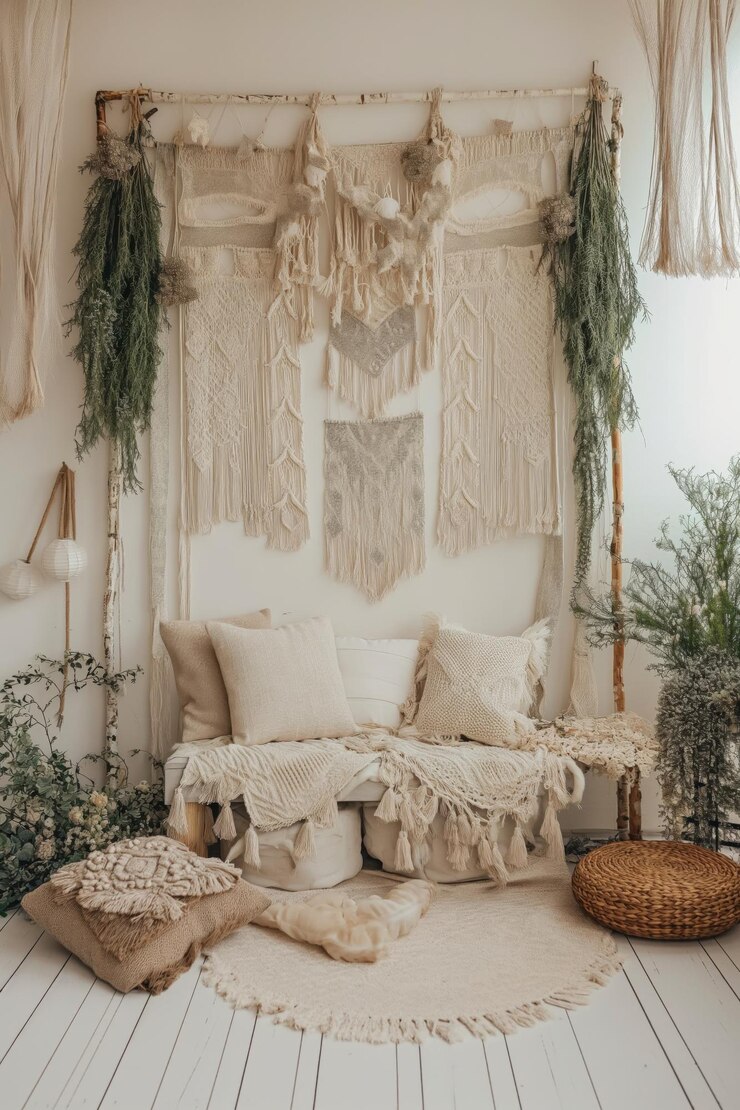 Photo rustic bohemian corner with wicker chair and macrame
