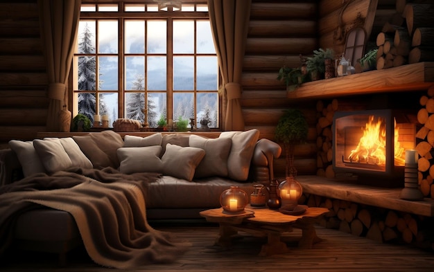 Rustic Charm Log Cabin Interior Home Mockup Generative AI