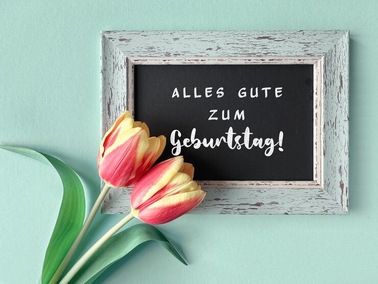 Rustic frame with text Alles Gute zum Geburtstag meaning Happy Birthday in German and tulips on pastel background