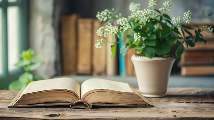 Rustica mesa de madera con un libro abierto y un florero con flores blancas Al fondo una ventana y una estanteria con libros
