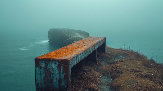 Rustica panchina al mare in una mattina nebbiosa