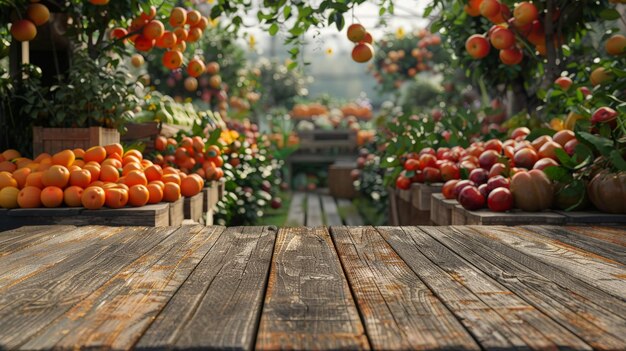 Rustico tavolo in legno posto di spazio libero per la vostra decorazione e mercato frutta Generativa AI