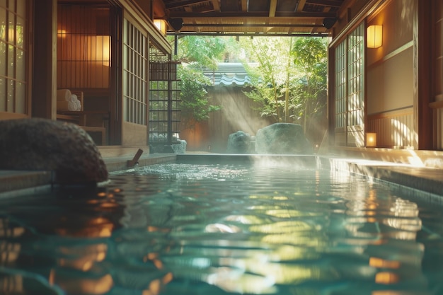 Ryokan onsen giapponese Bagni all'aperto giapponesi che utilizzano acqua calda provenienti da sorgenti geotermiche Ryokan in stile architettonico tradizionale