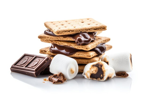 S'mores con cioccolato marshmallow e cracker isolati su sfondo bianco