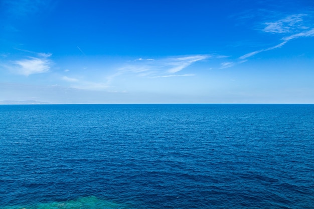 Sabbia mare calmo cielo azzurro con poche nuvole sfondo mare cristallino acquamarina trasparente