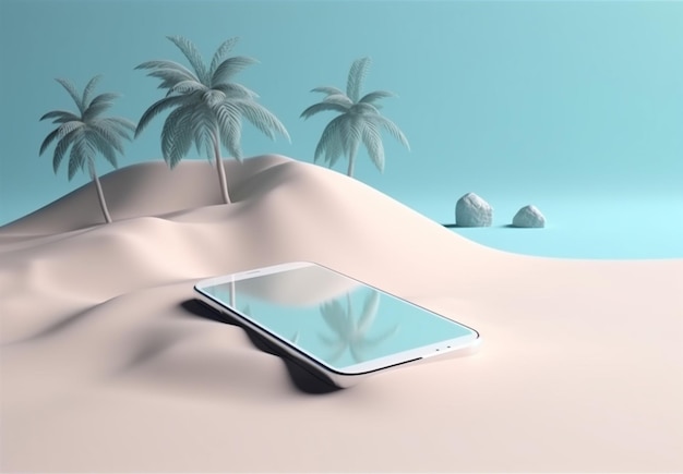 Sabbia mock cyber phone palm mare creativo concetto di vacanza estate IA generativa