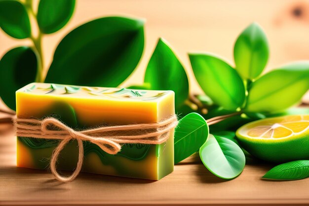 Sabone fatto a mano e foglie verdi su sfondo di carta Concetto di cosmetici naturali biologici per spa