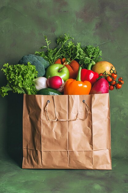 Sacchetti di carta pieni di verdure e frutta