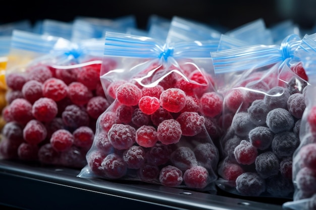 Sacchetti di plastica di frutti di bosco congelati esposti in ordine sullo scaffale freddo di un supermercato