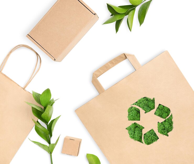sacchetto di carta con segno di riciclaggio scatole di cartone e foglie su sfondo bianco isolato eco concetto