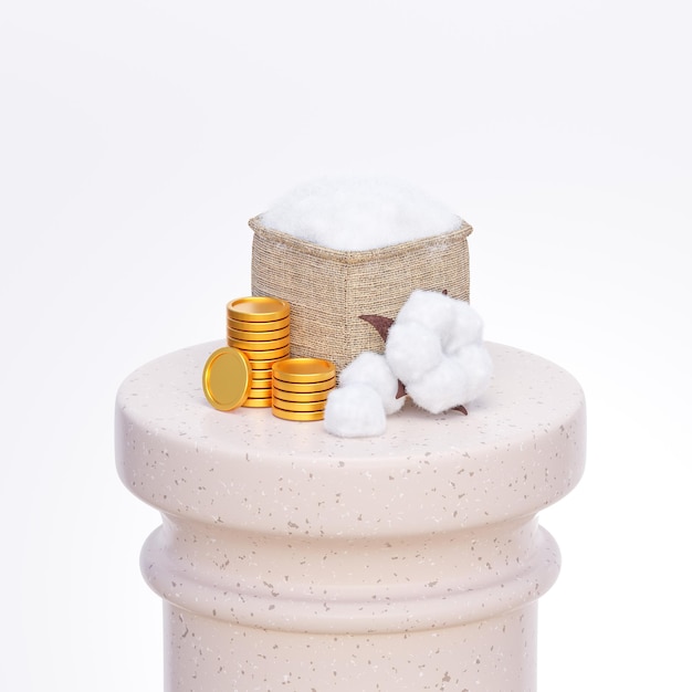 Sacchetto di cotone con un fiore di cotone e monete su una colonna di pietra Illustrazione 3d di una merce