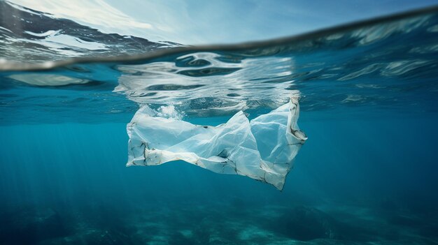 Sacchetto di plastica che galleggia sulla superficie dell'oceano Concetto di inquinamento