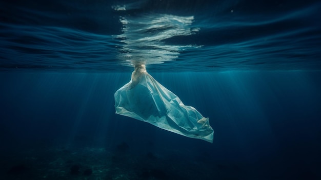 sacchetto di plastica nel mare blu profondo