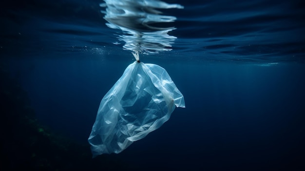 sacchetto di plastica nel mare blu profondo